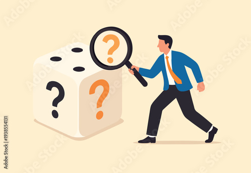 Random or chance to win, gamble, risk management or analyze opportunity, prediction or forecast future, unknown or uncertain concept, businessman with magnifying glass analyze dice with question mark
