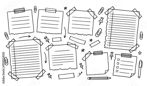 Hand drawn notebook paper doodle set with sticky tape clips and stationery sketch elements vector