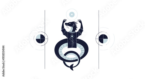 Mystical Dragon Emblem with Cosmic Elements and Geometric Shapes
