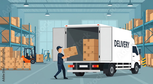 Efficient logistics operation with a worker loading packages into a delivery truck inside a busy warehouse setting, illustrating modern supply chain management