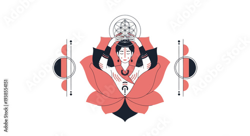 Woman in Lotus Flower with Geometric Sacred Geometry Symbols
