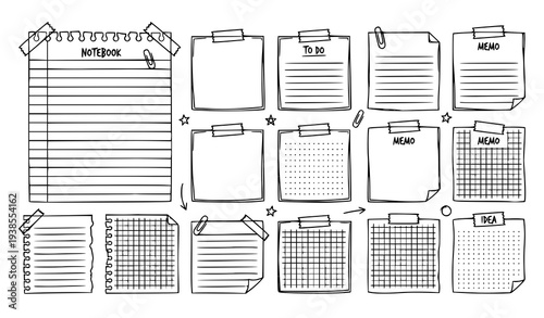 Hand drawn notebook paper templates with sticky tape and stationery doodle sketch vector set