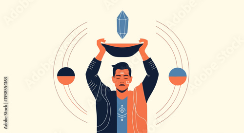 Man holding crystal and bowl with celestial symbols, spiritual ritual concept
