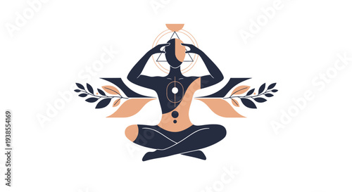 Meditating Figure With Geometric Symbols and Botanical Elements