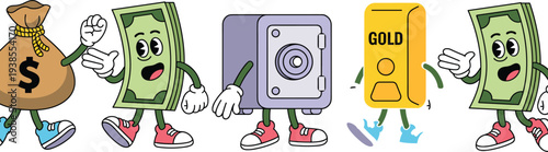 Cartoon financial characters money bag dollar bills safe gold bar wealth illustration, playful design, finance banking investment savings concept art