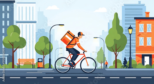 Delivery person on a bicycle carrying an orange insulated bag in a city street