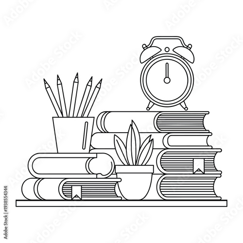A still life illustration of stacked books with pencils and an alarm clock on a shelf