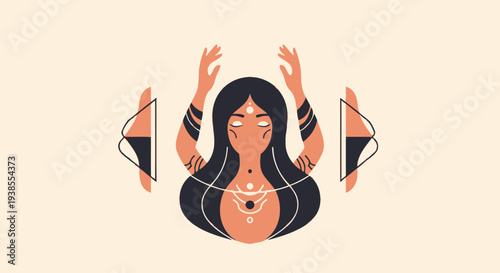 Mystic Woman with Tattoos and Raised Hands, Tribal Design