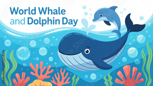 Whale and dolphin swimming together underwater ocean coral reef world whale and dolphin day marine life