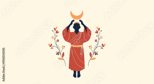 Mystical Figure Holding Crescent Moon Surrounded by Floral Elements