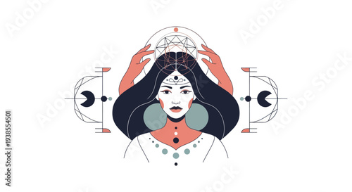 Mystical Woman with Celestial Symbols and Geometric Patterns