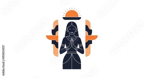 Indian Woman in Traditional Attire with Namaste Gesture and Sun Symbol
