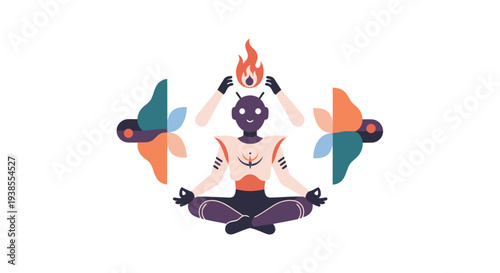 Meditating Figure with Flames and Butterflies, Inner Peace, Spiritual Awakening, Harmony
