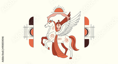 Mythical Pegasus Horse with Winged Rider and Sun Symbol