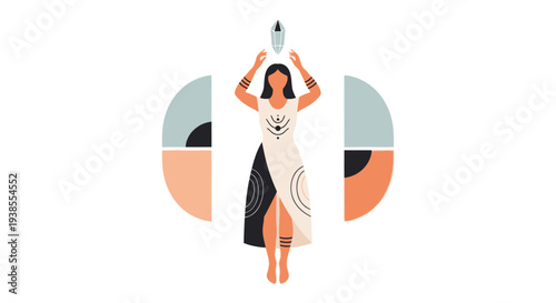 Woman in flowing dress, spiritual dance, abstract geometric background, minimalist art