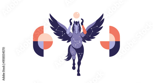 Mythical Pegasus with Constellations and Geometric Shapes on White Background