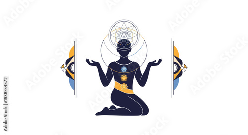 Spiritual Silhouette Meditating with Chakras and Sacred Geometry