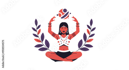 Woman meditating with abstract sphere and leaves, spiritual, wellness, yoga
