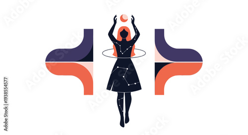 Woman silhouette with constellations, holding a glowing orb, abstract background