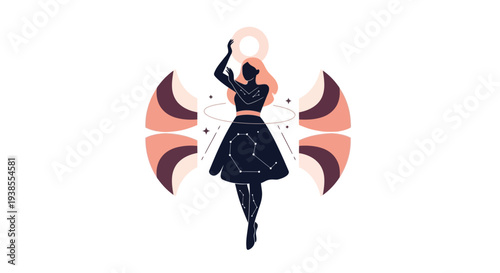 Silhouette of a woman dancing with cosmic elements and halo