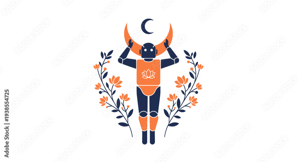 Obraz premium Robot holding crescent moon with floral elements, symbolizing technology and nature balance