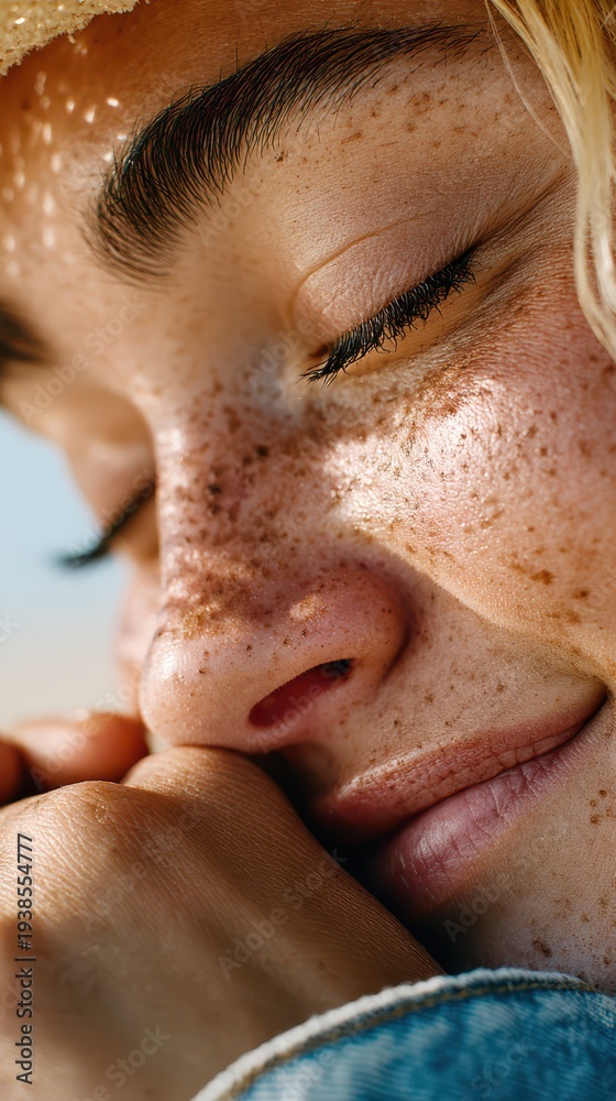 Naklejka premium Close-up of a woman with freckled skin and closed eyes, relaxing outdoors. She wears a straw hat and denim jacket, feeling the bright sun on her face during the day