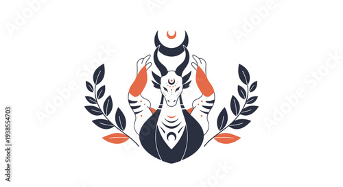 Mystical creature with horns, moon, and laurel wreath, vector illustration