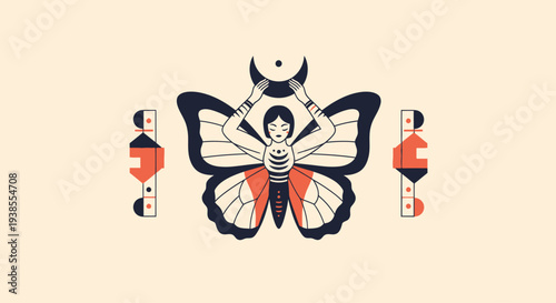 Mystical Butterfly Woman with Crescent Moon and Geometric Ornaments