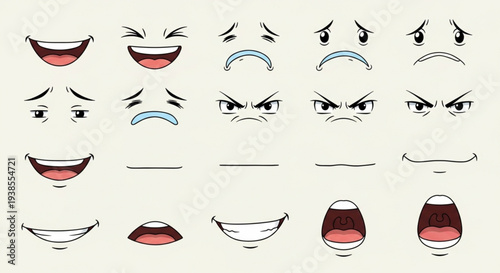 Collection of cartoon facial expressions and emotions for animation.