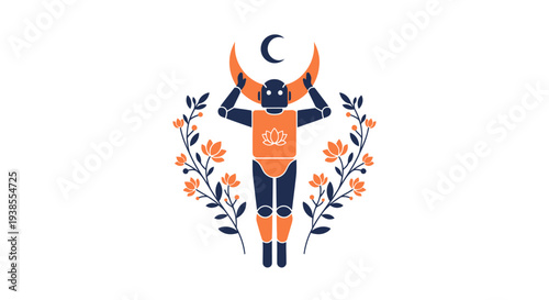 Robot holding crescent moon with floral elements, symbolizing technology and nature balance
