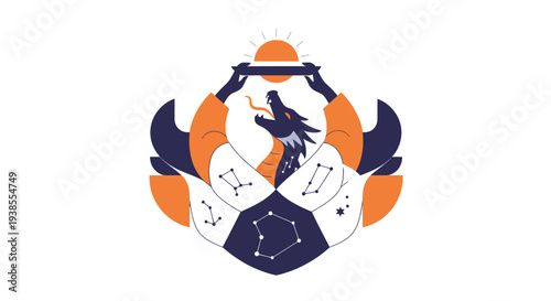 Mystical Dragon Sun Constellation Emblem Abstract Symbol