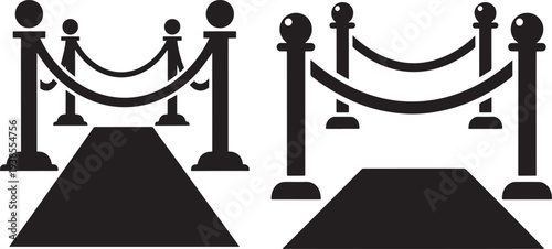 Red carpet entrance icon, stanchions and velvet ropes with path, VIP event, vector illustration