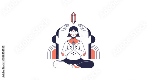 Woman meditating with energy crystal and hands channeling healing light