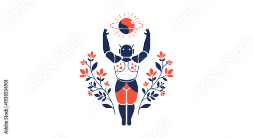 Robot holding planet earth in floral wreath, futuristic nature concept