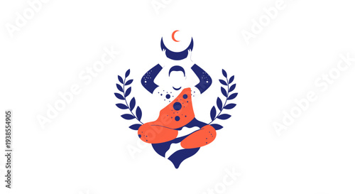 Meditating figure with moon and laurel wreath, abstract spiritual concept