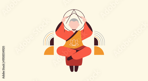 Zen Monk Meditating with Geometric Symbols and Lotus Flower