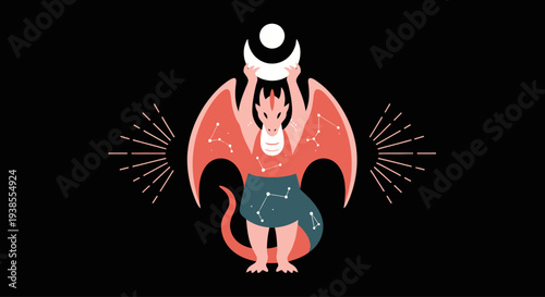 Mystical Dragon Holding Crescent Moon and Stars, Celestial Illustration