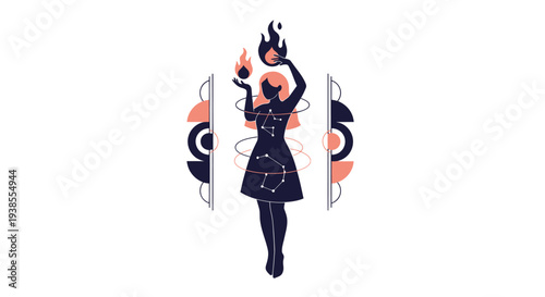 Mystical Woman Conjuring Fire and Stars