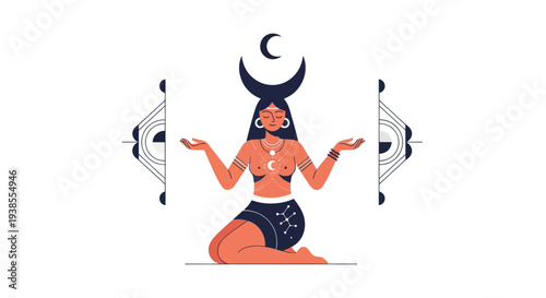 Mystical Woman with Moon Crown, Kneeling in Spiritual Pose, Celestial Symbolism