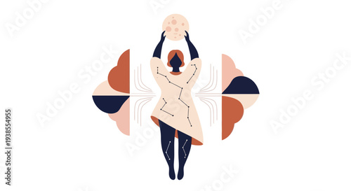 Woman holding moon, abstract geometric background, celestial art, spiritual journey