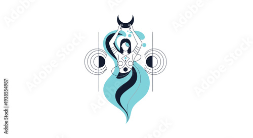 Aquarius Zodiac Sign Woman Pouring Water with Moon Symbol and Geometric Shapes