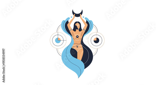 Mystical Woman with Crescent Moon and Cosmic Symbols