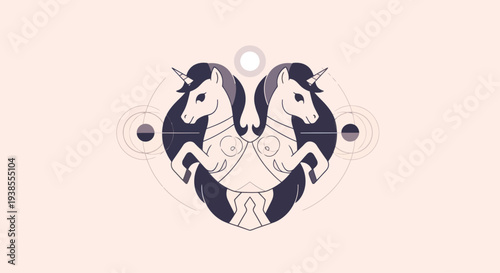 Mythical Unicorns Gemini Zodiac Symbol Geometric Design