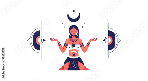 Spiritual Woman Meditating Under Crescent Moon with Cosmic Symbols