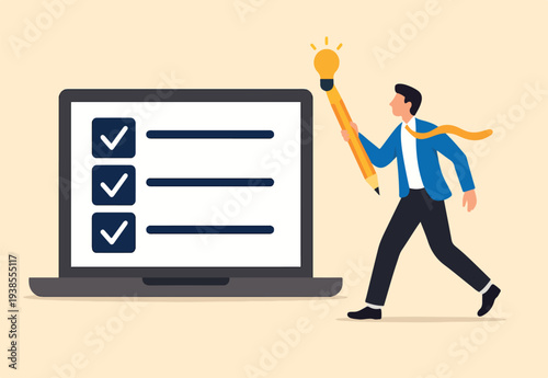 : Online questionnaire survey, customer feedback choice or checklist, internet exam, opinion or comment, answer question, surveyor poll concept, man with pencil finish online questionnaire on computer