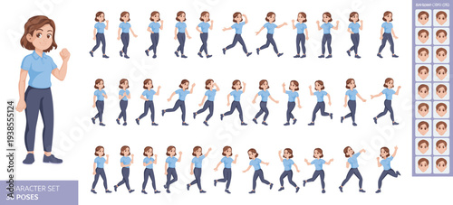 Woman character set with thirty different poses including walking, running, jumping, and various facial expressions for animation and storyboard design