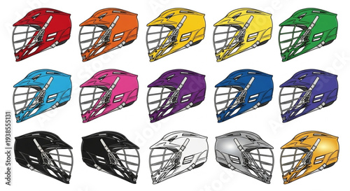 Collection of Colorful Lacrosse Helmets Displayed in Rows.