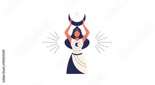 Mystical Woman Holding Crescent Moon and Sun Symbol, Esoteric Art