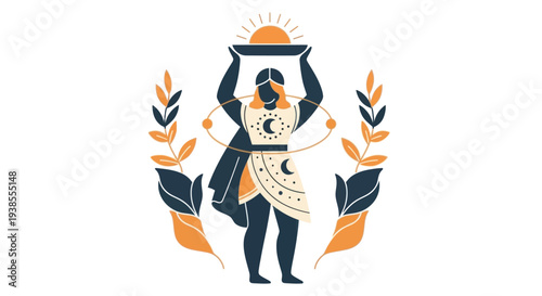 Mystical Woman Holding Sun Offering, Celestial Astrology, Boho Art