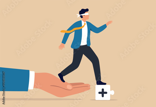 : Trust reliability or work support, leadership to help or support employee, partnership to help success, care, belief or faith concept, businessman blindfold walk on trust reliable manager hand
